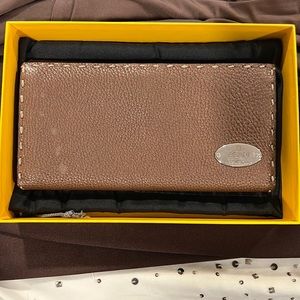 FENDI Long wallet metallic brown leather with grey stitching and silver hardware